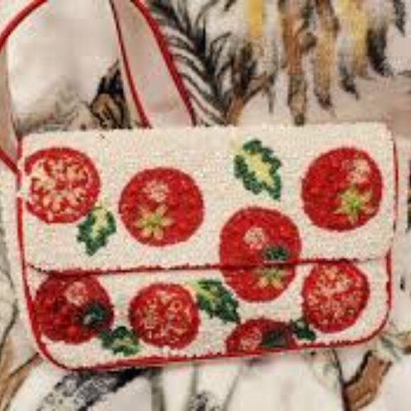 Viral Tik Tok Beaded tomato white red Handmade in India purse bag - Picture 1 of 9